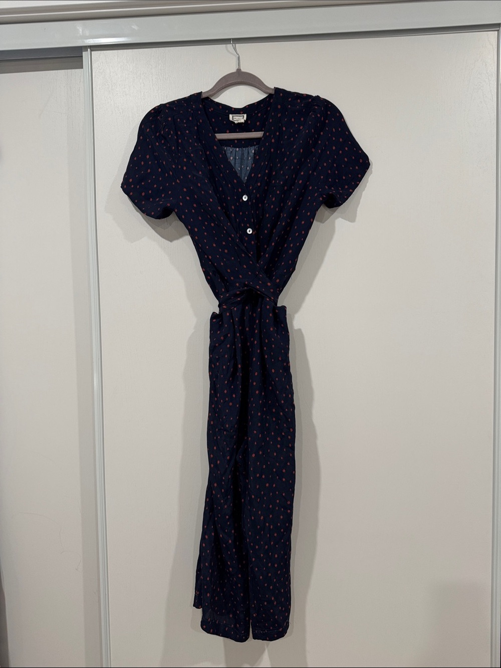 Anthropologie Navy Wrap Romper with Red Dot Print
